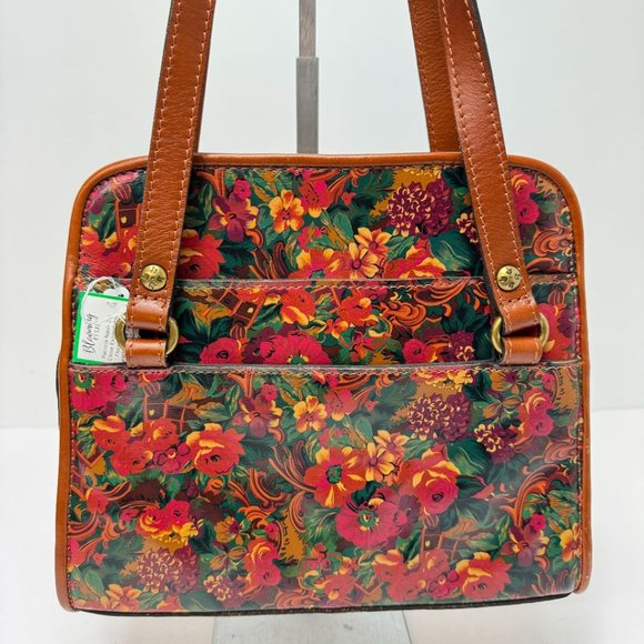 Patricia Nash Zip Close Expandable Floral Smooth Leather Tote Brown Orange Green - Picture 8 of 9